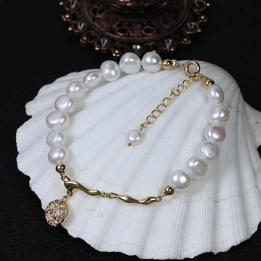 Original Natural Fresh Water Two Sides Light Baroque Pearl Bracelet with Metal Charm Pendant Hand Chain Real Pearl Jewelry
