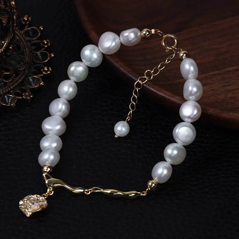 Original Natural Fresh Water Two Sides Light Baroque Pearl Bracelet with Metal Charm Pendant  Hand Chain Real Pearl Jewelry
