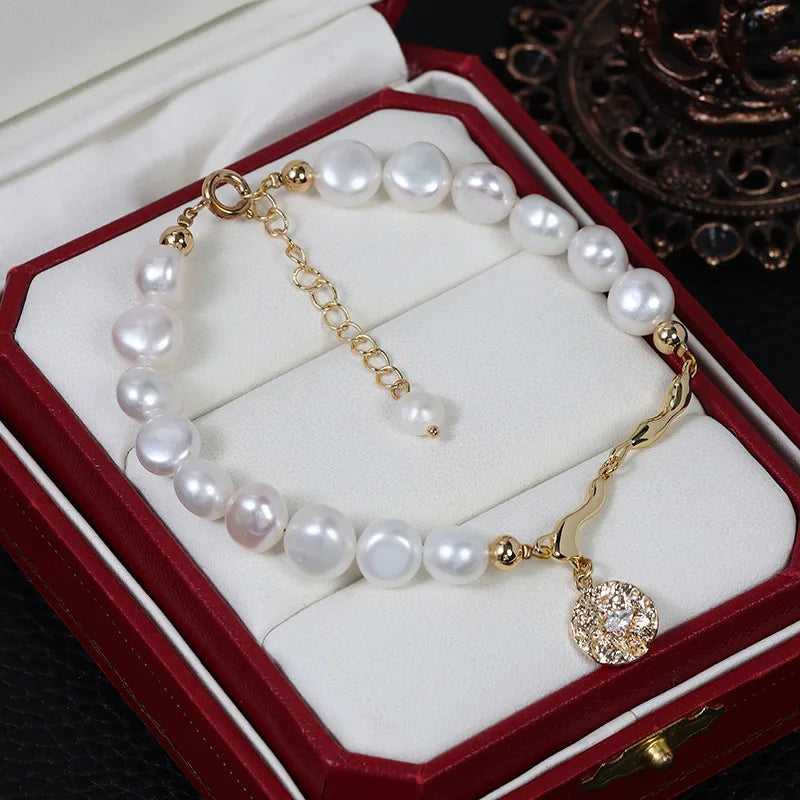 Original Natural Fresh Water Two Sides Light Baroque Pearl Bracelet with Metal Charm Pendant  Hand Chain Real Pearl Jewelry