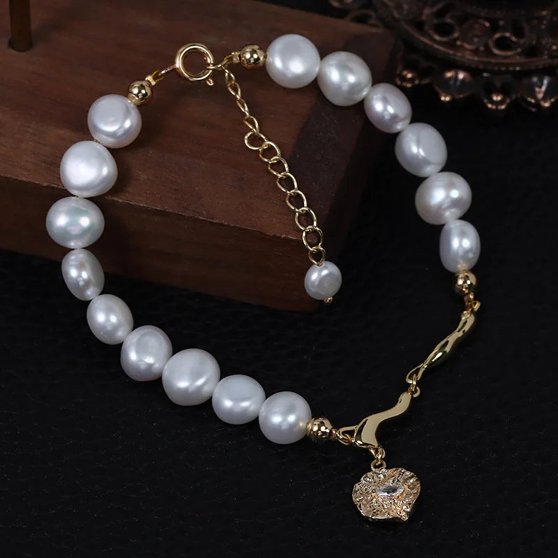 Original Natural Fresh Water Two Sides Light Baroque Pearl Bracelet with Metal Charm Pendant  Hand Chain Real Pearl Jewelry