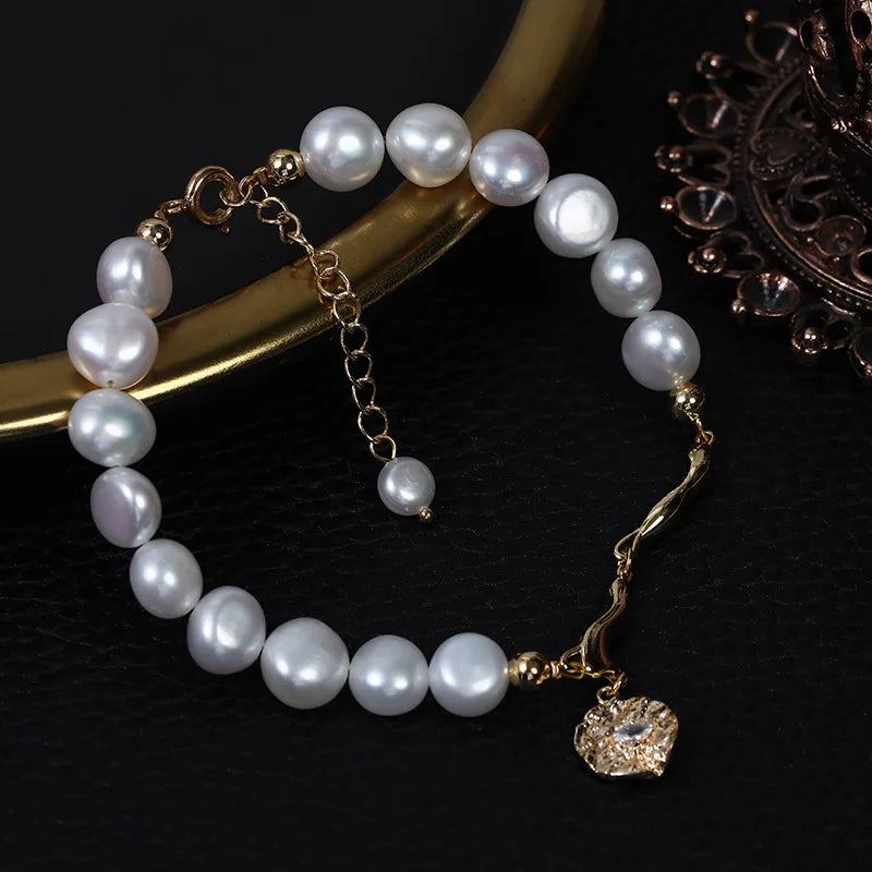 Original Natural Fresh Water Two Sides Light Baroque Pearl Bracelet with Metal Charm Pendant  Hand Chain Real Pearl Jewelry