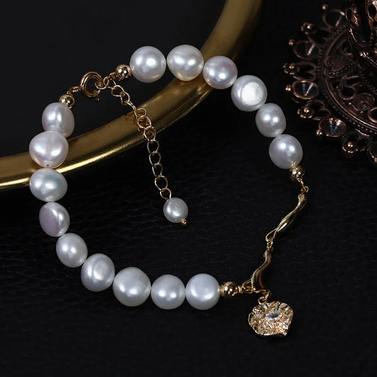Original Natural Fresh Water Two Sides Light Baroque Pearl Bracelet with Metal Charm Pendant  Hand Chain Real Pearl Jewelry