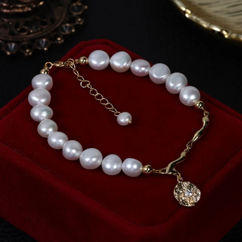 Original Natural Fresh Water Two Sides Light Baroque Pearl Bracelet with Metal Charm Pendant  Hand Chain Real Pearl Jewelry