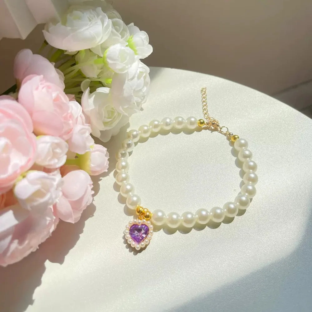 Cute Imitation Pearls Pet Pearl Necklace Multi-function Love Crystal Collar Dog Princess Necklace Pet Supplies Love Pendant