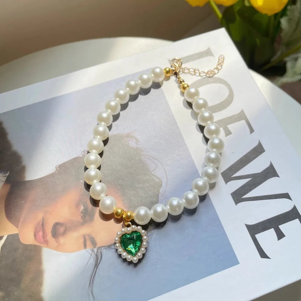 Cute Imitation Pearls Pet Pearl Necklace Multi-function Love Crystal Collar Dog Princess Necklace Pet Supplies Love Pendant